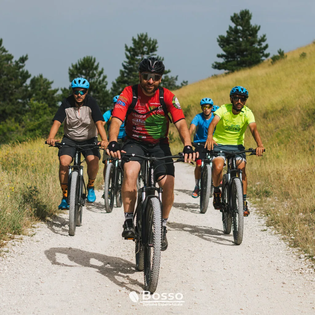 gruppo di ciclisti in mountain bike su una strada sterrata tra i prati collinari